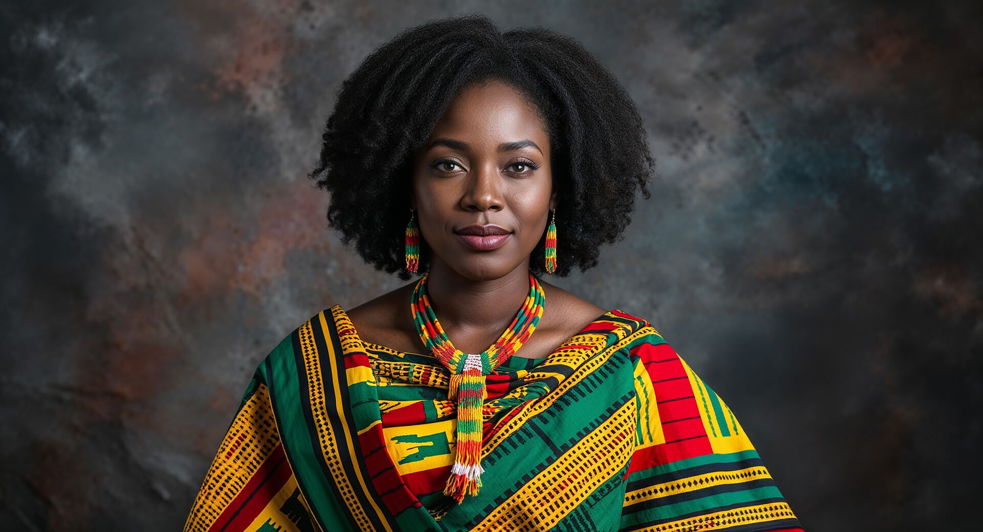 Ghanaian woman in kente cloth proud expression portrait photo festive landscape